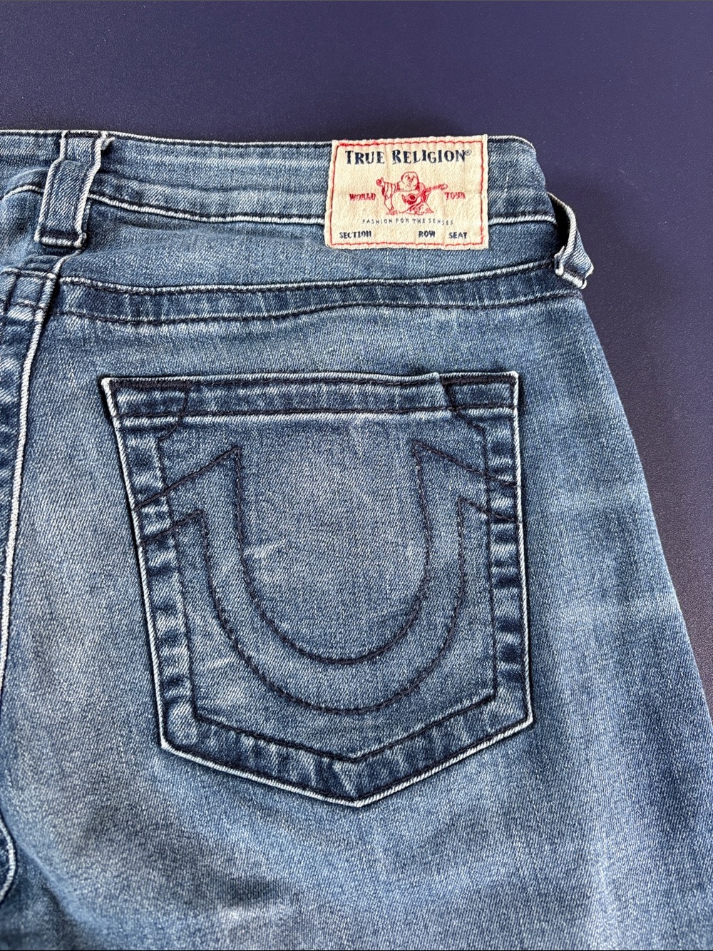 True Religion Light Blue Washed Denim Jeans with Signature Pocket